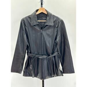 Outbrook Y2K Black Belted Leather Jacket Full Zip Sz M Dark Academia City Boy